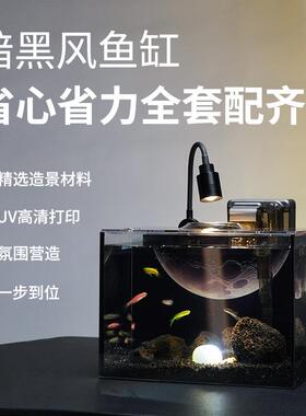 暗黑系创意造景鱼缸全套造景小型桌面超白玻璃客厅家用自循环射灯