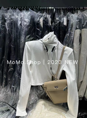 ADD秋季新款高领短款黑色长袖高腰韩版打底衫上衣女t恤2025堆堆领