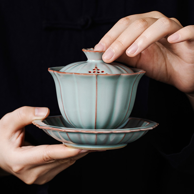 天青汝窑三才盖碗单个定制茶碗