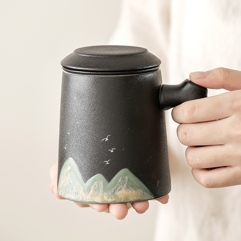 千里山河泡茶杯子马克杯带盖个人专用高档茶水分离定制大容量水杯
