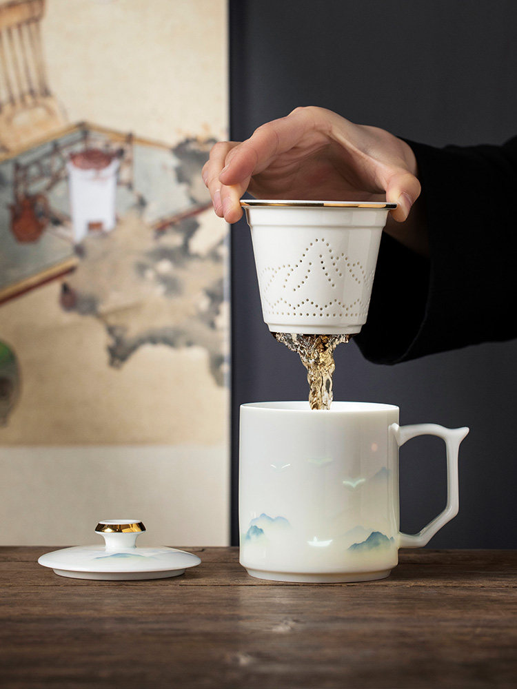 千里江山精美带盖陶瓷茶杯茶水分离杯办公茶过滤杯家用水杯