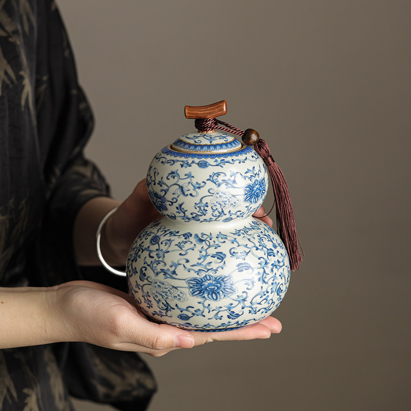 青花汝窑陶瓷茶叶罐精品高档大号葫芦普洱茶防潮罐中式密封储存罐,餐饮具,茶叶罐,淘宝优惠券,粉丝福利购,淘宝优惠卷