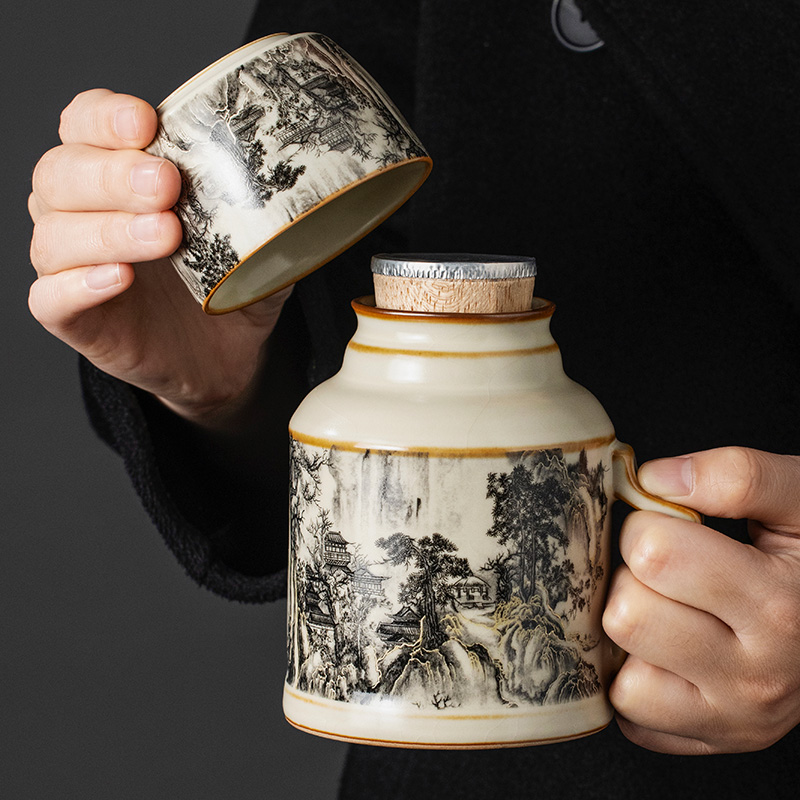 汝窑水墨山水暖壶泡茶杯带盖定制