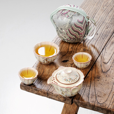 米黄汝窑快客杯陶瓷旅行茶具套装