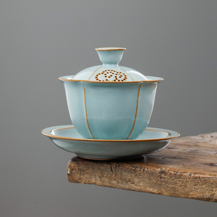 天青汝窑莲花盖碗陶瓷茶具单个高档2025新款不烫手三才盖碗茶盖碗