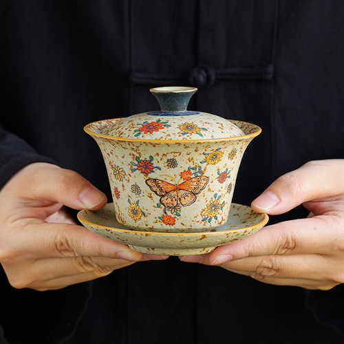 青花火石红蝶戏繁花三才盖碗功夫茶具茶杯家用定制陶瓷带盖子泡茶