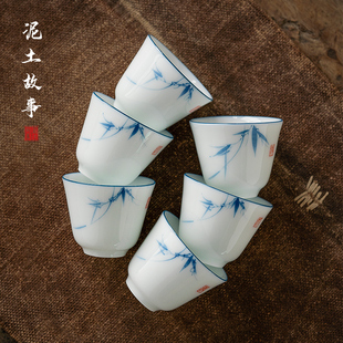 泥土故事甜白手绘兰竹闻香茶杯陶瓷功夫小茶杯单杯主人杯茶具茶盏