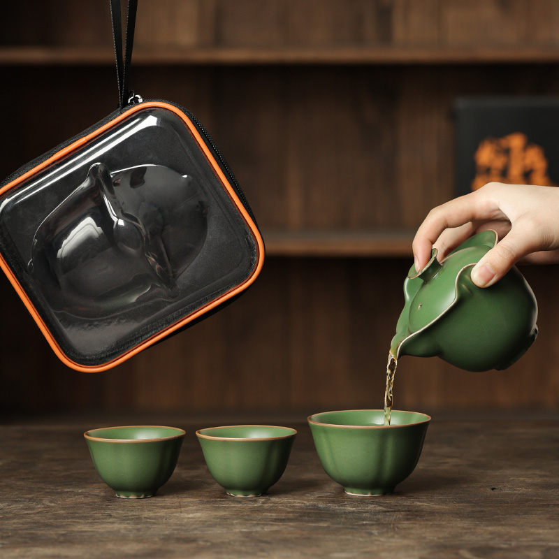 汝窑旅行茶具套装个人专用便携式快客杯一壶三杯户外露营喝茶装备