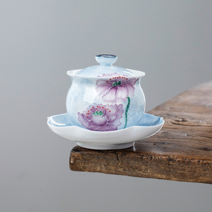 手绘荷花布袋花口三才盖碗女士专用茶具一人饮陶瓷敬茶碗泡茶器