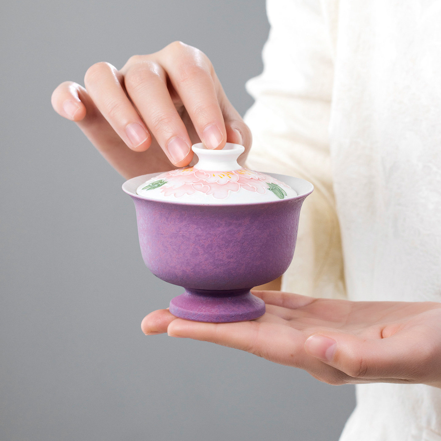 暮云紫手绘牡丹二才盖碗高颜值茶具防烫陶瓷女士个人专用泡茶碗