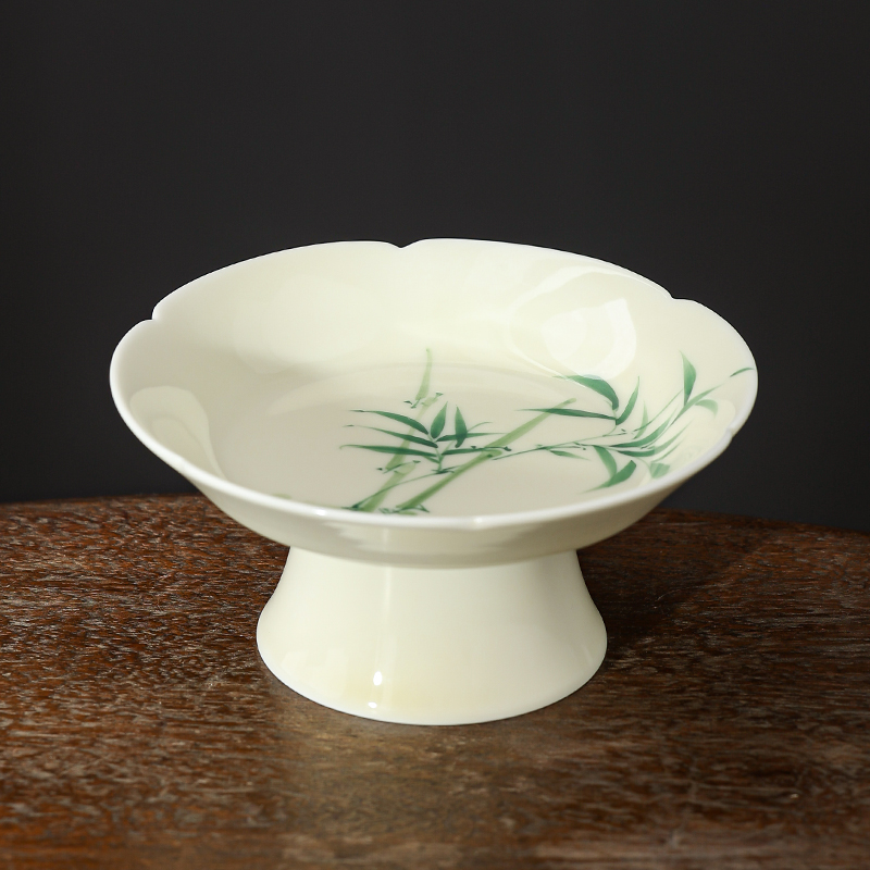 纯手绘翠釉绿竹-高脚果盘