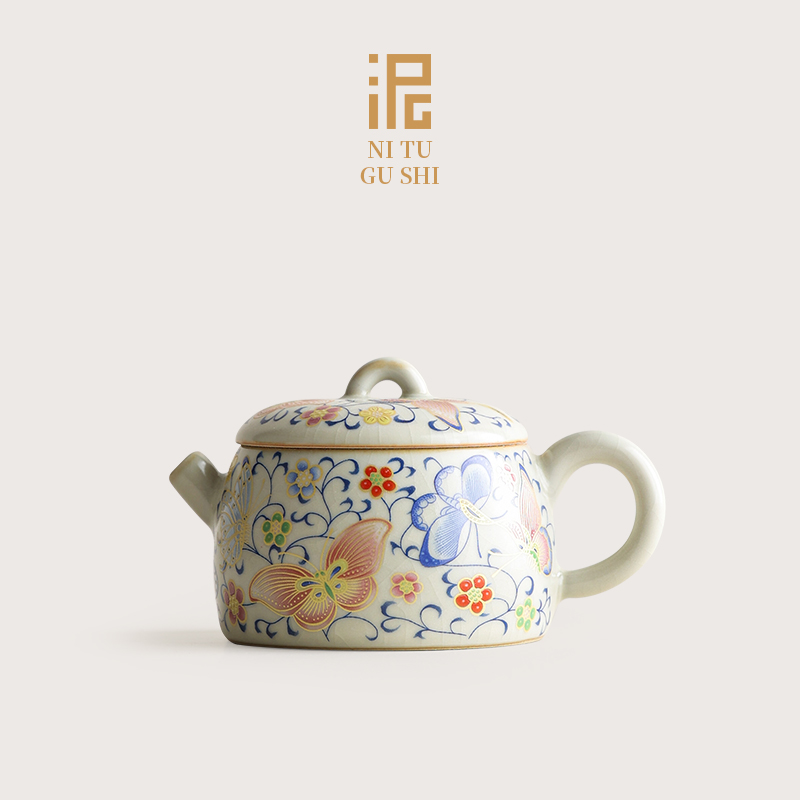 汝窑蝴蝶缠枝莲茶具单壶陶瓷茶壶