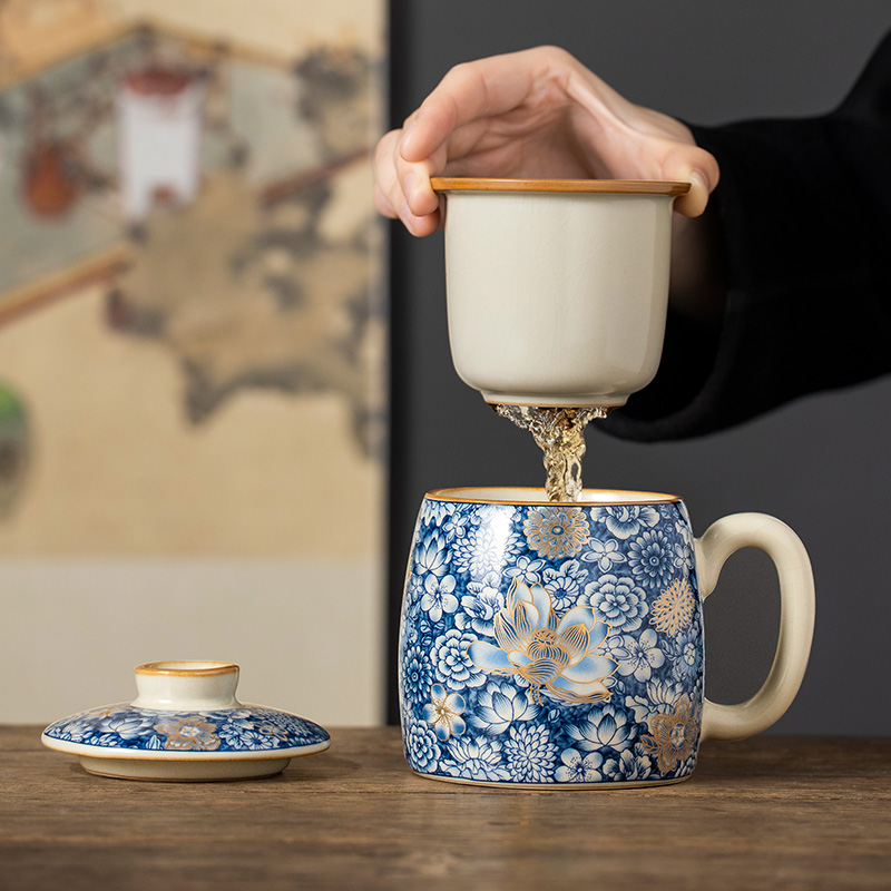 汝窑金繁花茶水分离泡茶杯水杯