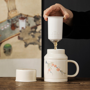 手绘柿子暖壶陶瓷茶杯带盖办公室创意泡茶杯茶水分离过滤定制水杯