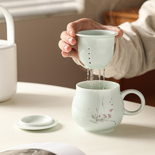 影青陶瓷马克杯茶杯个人专用家用办公室茶水分离带盖水杯喝茶杯子