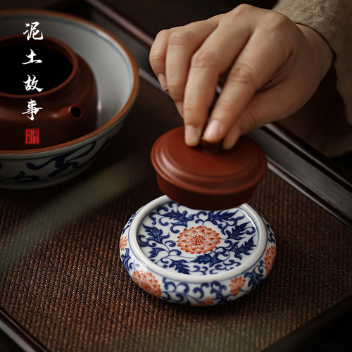 仿古青花盖置手工茶托盖