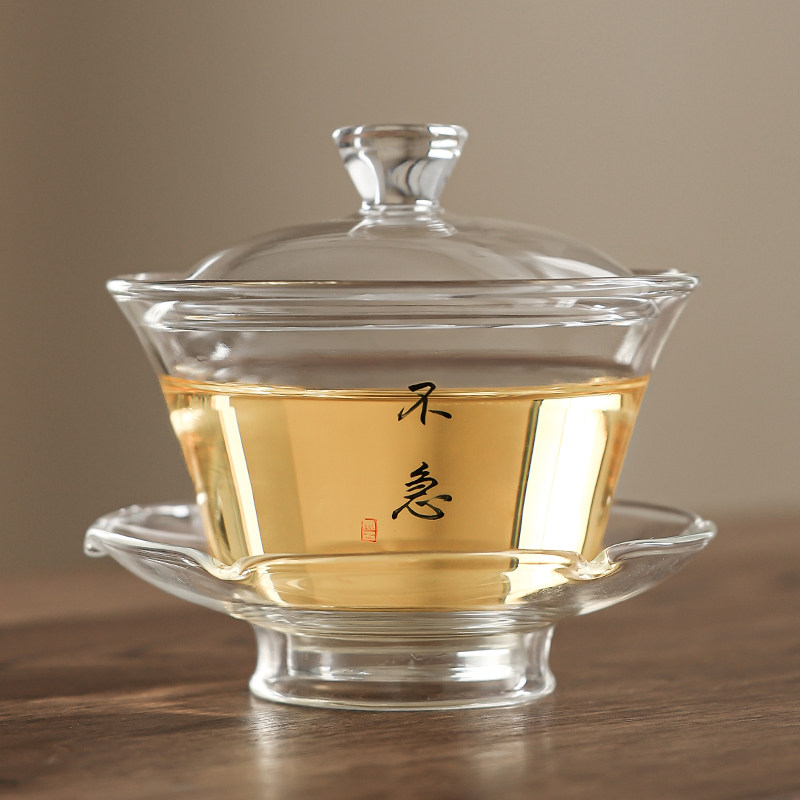 定制书法玻璃三才盖碗茶杯图片
