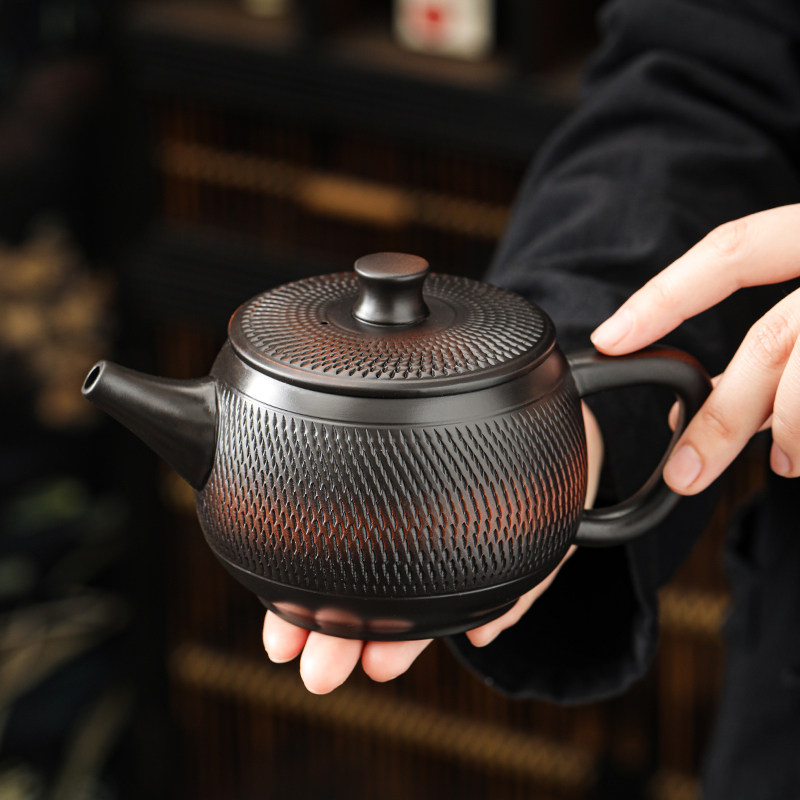 紫陶手工跳刀纹大容量汉瓦壶茶壶泡茶家用单壶高档一人用茶具套装
