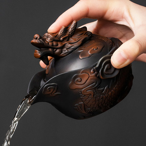 紫陶祥龙手抓壶盖碗茶杯单个高档