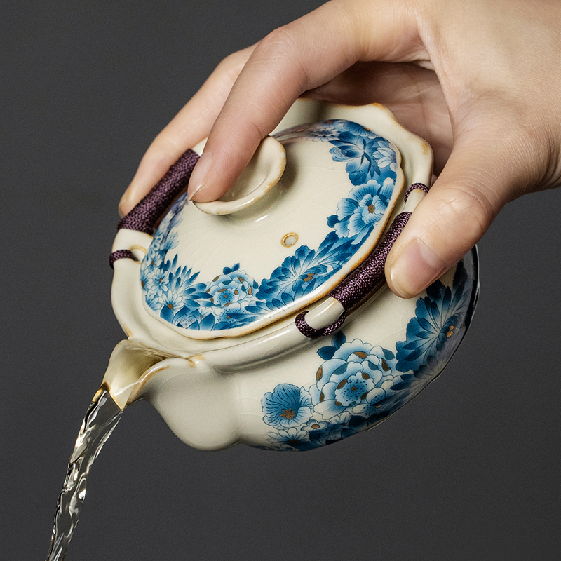 汝窑金万花盖碗茶杯防烫手抓壶