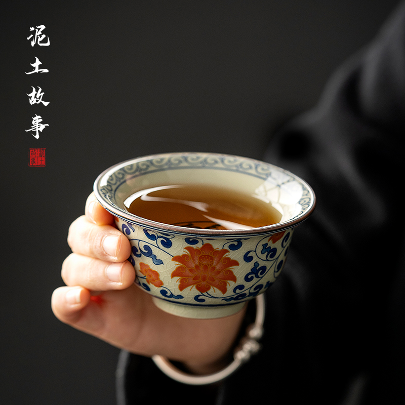 泥土故事陶瓷永乐青花压手杯手绘缠枝莲主人杯茶杯个人专用高档