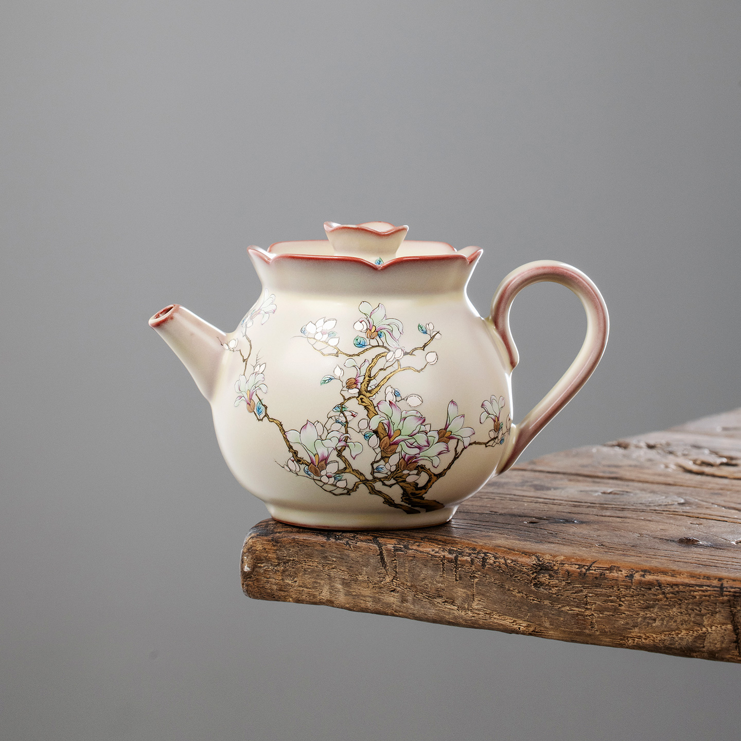 米黄汝窑玉兰花念露壶陶瓷茶壶