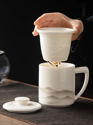 软脂玉茶杯陶瓷茶分离杯办公室过滤杯，有盖定制白瓷杯