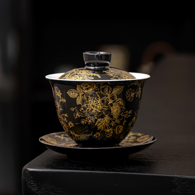 陶瓷金线牡丹盖碗茶杯单个高档家用功夫茶具不烫手三才茶碗泡茶杯