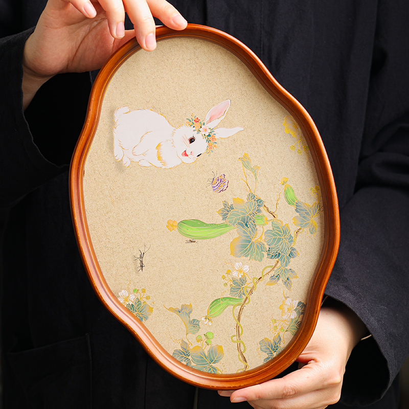 玉兔海棠花泡茶盘中式胡桃木