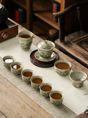 土的故事祇有这个绿色的老陶土景观功夫茶具成套家庭盖碗茶杯办公