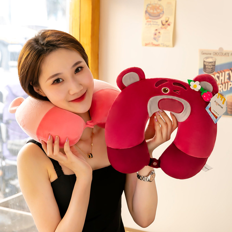 디즈니 딸기곰 메모리폼 U자형 베개 귀여운 학생 사무실 점심시간 목보호대 여행 비행기 목베개 U자형 베개