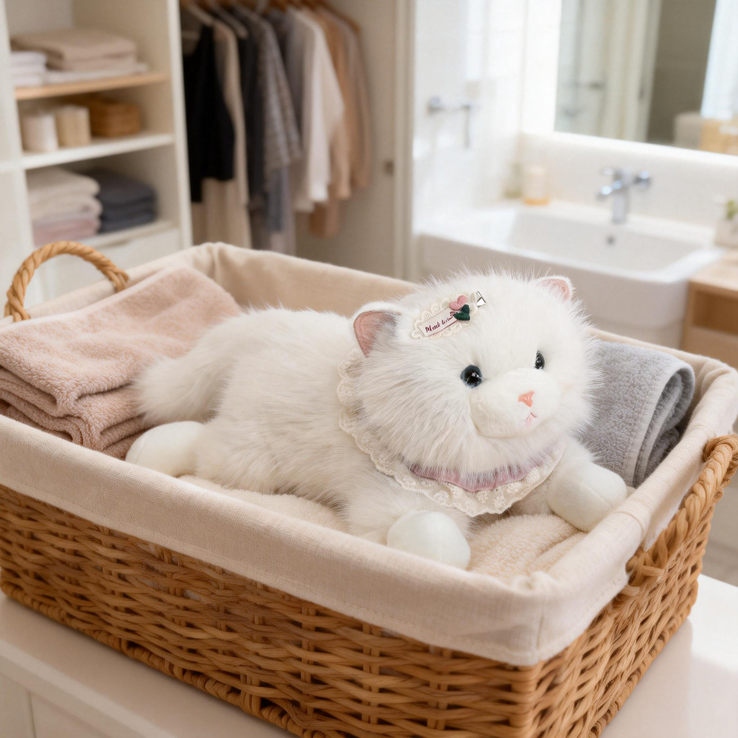 正版偶遇可爱白色猫咪毛绒玩具蕾丝领结公仔布偶安抚娃娃女生抱枕