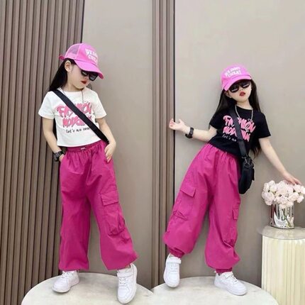 女童套装新款短袖工装裤2025洋气网红时髦中大童女孩T恤两件套潮9
