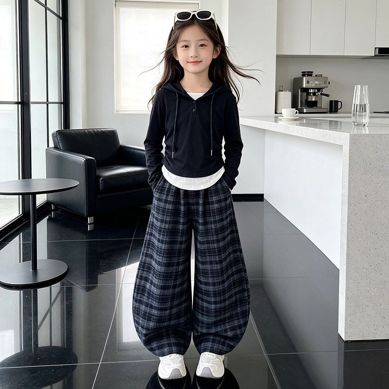 女童春秋连帽格子裤显瘦套装