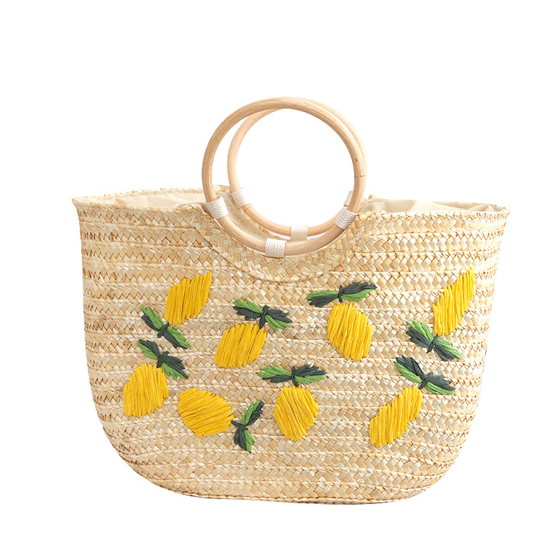 2025新款柠檬手提包半圆包麦草辫子手工绣花外贸包包集市菜篮子