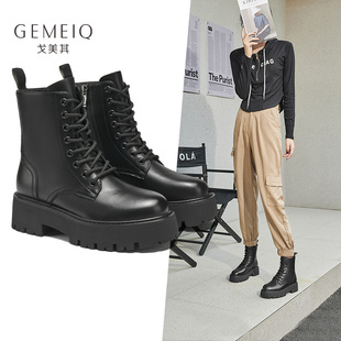 戈美其真皮厚底马丁靴女2025年新款 高跟粗跟短靴子 英伦风八孔冬季