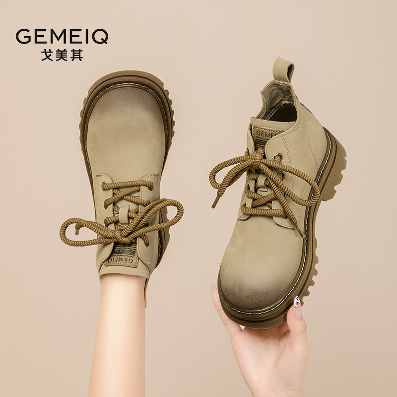 戈美其2025新款冬交叉绑带时装靴女英伦风短筒女靴踝靴复古马丁靴