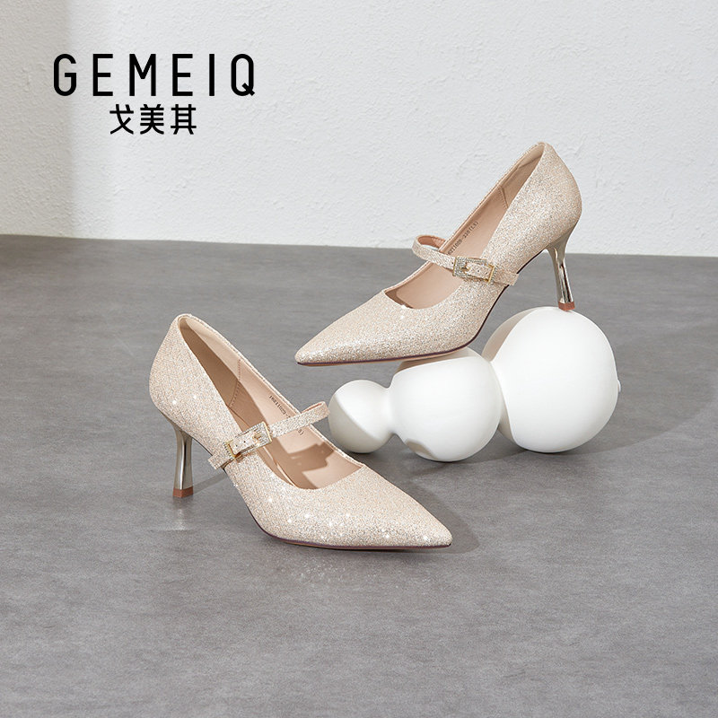 戈美其法式婚鞋女尖头细跟秀禾新娘高跟鞋2026春季一字扣带女鞋子,女鞋,婚鞋,淘宝优惠券,粉丝福利购,淘宝优惠卷