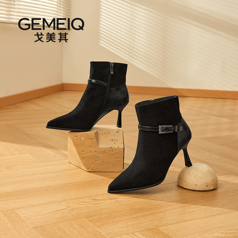 戈美其2025新款复古尖头短靴女细跟高跟鞋气质百搭时装靴显瘦女靴