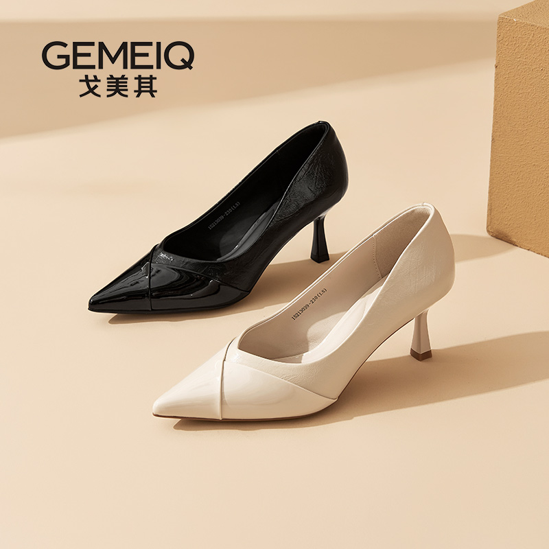 戈美其黑色高跟鞋女细跟单鞋