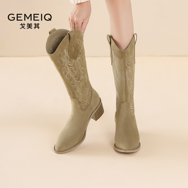 戈美其尖头高跟一脚蹬绒面时装靴