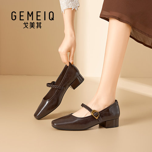 戈美其方头玛丽珍鞋黑色小皮鞋