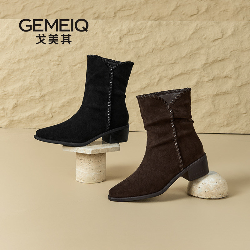 戈美其商场同款西部靴2025冬新款弹力瘦瘦靴短靴马丁靴绒面短筒靴,女鞋,时装靴,淘宝优惠券,粉丝福利购,淘宝优惠卷