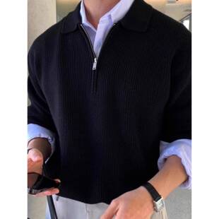 GM新潮 半拉炼翻领POLO衫毛衣男款秋冬季高级感打底针织衫毛线衣