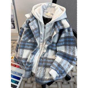小香风短款假两件格子毛呢外套男款冬季宽松连帽美式覆古棉衣夹克