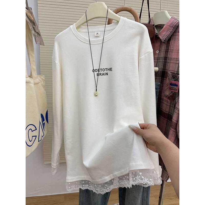 韩国Honey koko⭐中长款蕾丝磨毛纯棉圆领长袖t恤女春秋百搭上衣