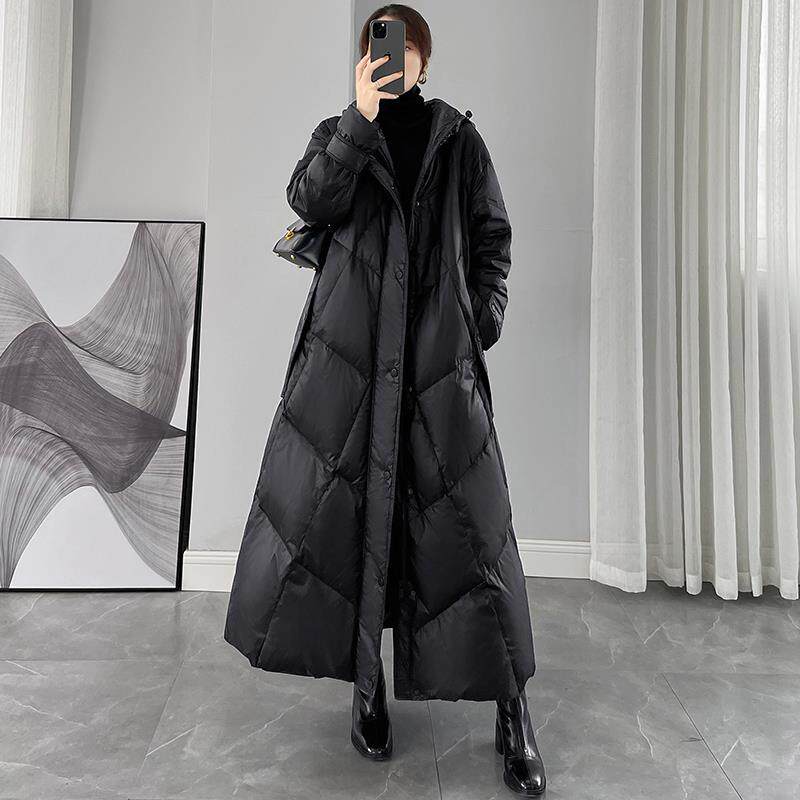 黑色连帽羽绒服女2025年冬季新款宽松超长款过膝白鸭绒加厚外套潮