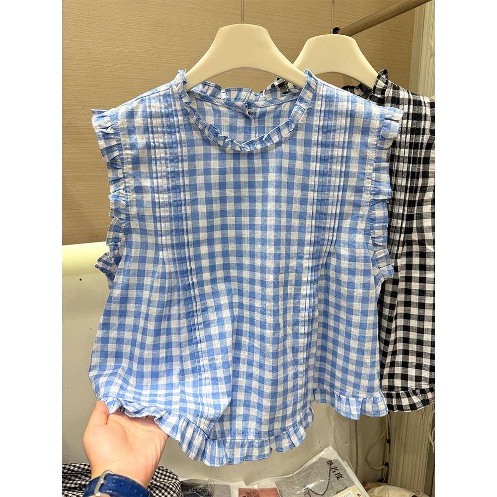 蓝色格子衬衫女士2025夏季新款圆领宽松韩版休闲套头衬衣无袖上衣