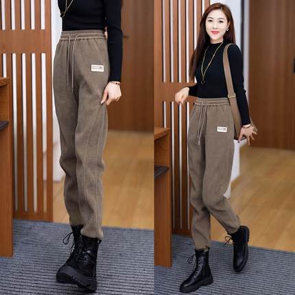 高端灯芯绒裤女2025春秋新款加绒加厚马丁靴裤休闲运动哈伦裤卫裤