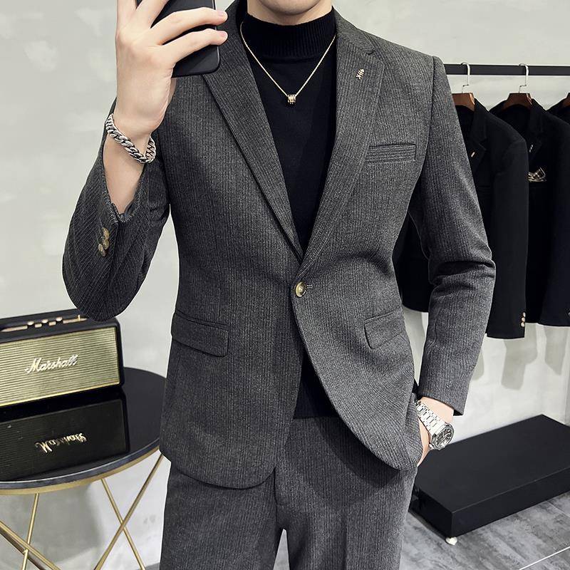 高端毛呢西装套装男秋冬新款韩版修身加厚磨毛商务休闲 西服两件
